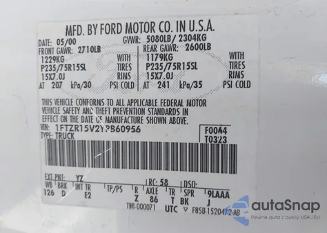 2000 Ford Ranger Xl/Xlt из США, поврежденный, VIN 1FTZR15V2YPB60956